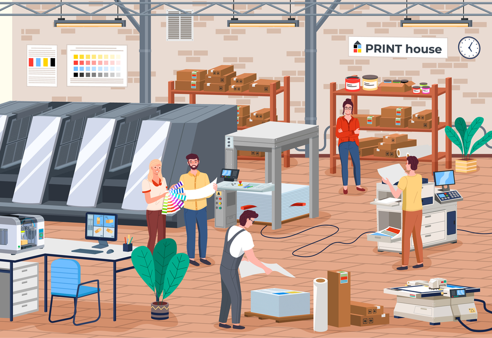 Printing house different equipment. Printer plotter, offset cutting machines and people workers in print house. Industrial polygraphy isometric icons with man and woman picks a hue on color palette. Printing house equipment. Printer plotter, offset cutting machines, man and woman workers in print house