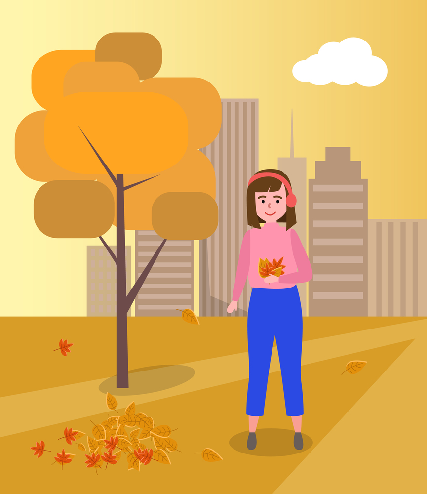 Woman enjoying with falling leaves. Autumn scenery and activity. Girl stands near the tree. Female character in warm clothes picking colorful leaves. A person on the background of cityscape. Woman enjoying with falling leaves. Autumn scenery and activity. Girl on the background of cityscape