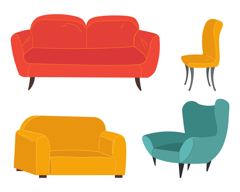 Cushioned furniture multicolored set. Sofa and armchair living room furniture design concept modern home interior element couch and chair on white background. Modern divan with soft cloth upholstery. Cushioned furniture multicolored set. Sofa and armchair living room furniture modern design