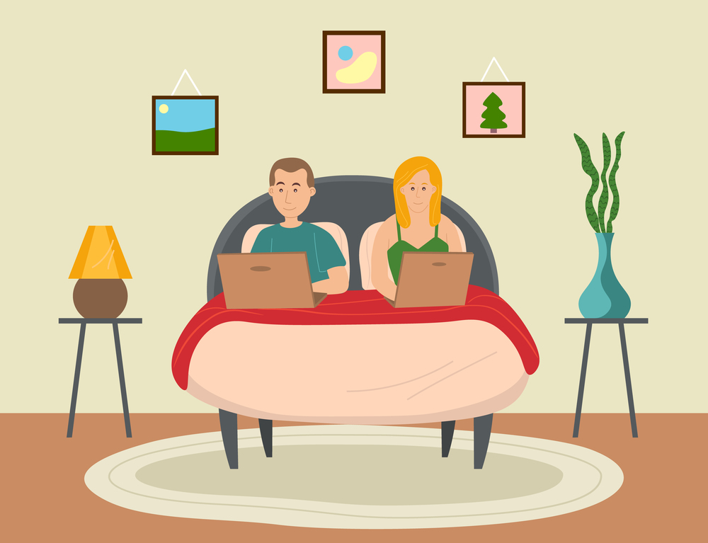 Man and woman lying on the bed, holding a laptops. Relaxing at home concept vector flat design. Rest time, leisure, free time after work. Social media network communication digital gadget addiction. Man and woman lying on the bed, holding a laptops. Relaxing at home concept vector flat design