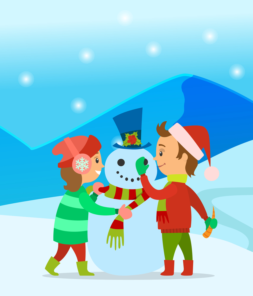 Happy children sculpts a snowman in the park. Vector winter illustration of a small girl and boy making snowman together. Winter outdoor recreation, wintertime games and leisure activity for kids. Happy children sculpts a snowman in the park. Winter illustration of a girl and boy making snowman