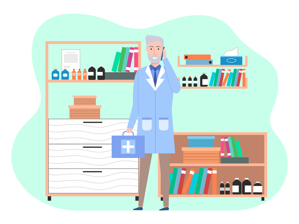 Veterinary care. Veterinarian doctor male character in the medical office. Doctor with suitcase in a medical room with special equipment, shelves with medicines. Elderly man in veterinarian clothes. Veterinary care flat illustration. Veterinarian doctor male character in the medical office
