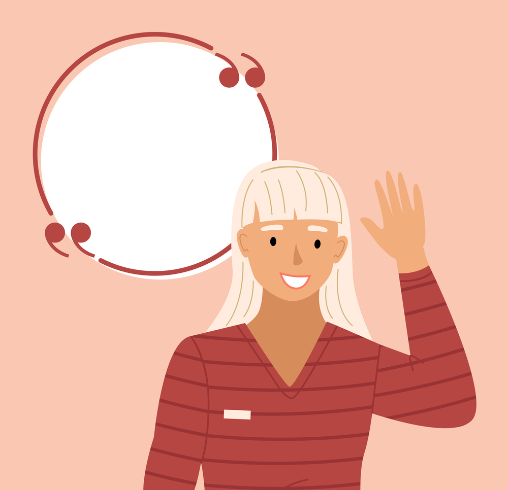 Female character design, a woman with a speech bubble on beige background. Doodle cartoon style flat vector illustration with a young happy blonde girl waving hand hello with empty balloon for text. Female character design, a woman with a speech bubble on beige background. Doodle cartoon style