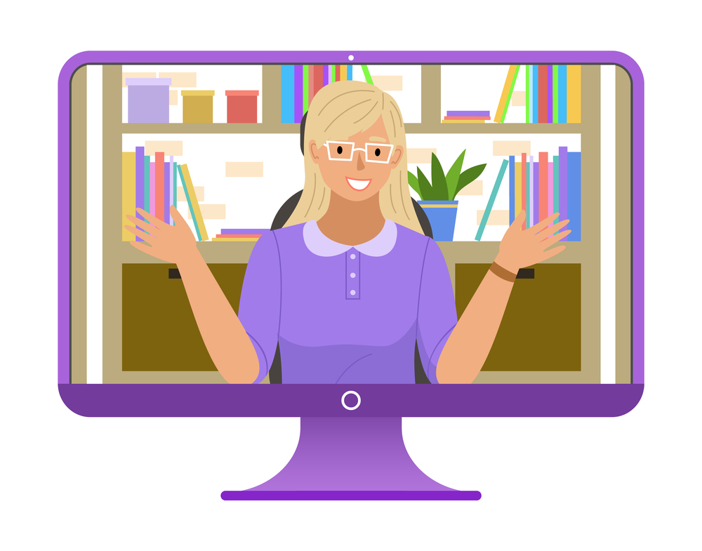 Smiling woman having conference video call at laptop. Girl is chatting online, working from home. Female character in glasses waving hands up. Shelf with books in the background, vector illustration. Smiling woman having conference video call at the laptop. Girl is chatting online, working from home