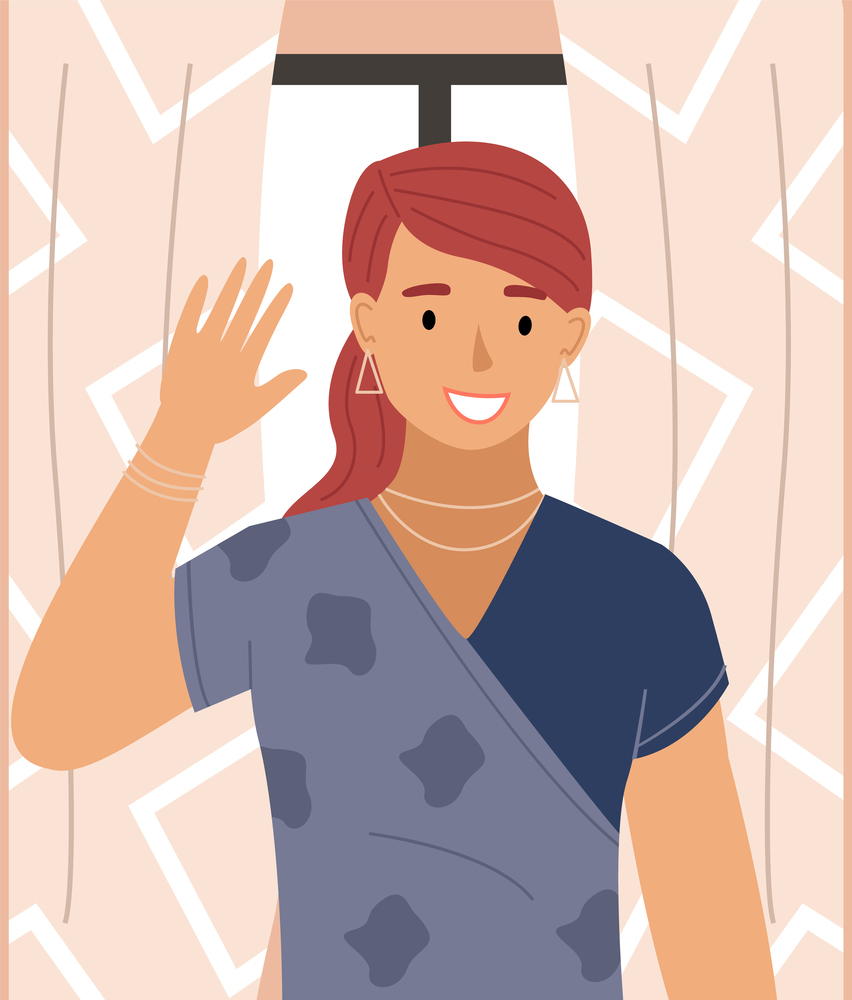 Red-haired girl raises her hand up. Female character stands against the background of a large window with curtains. The girl is wearing silver bracelet and necklace around her neck vector illustration. Red-haired girl raises her hand up. Female character stands against the background of window
