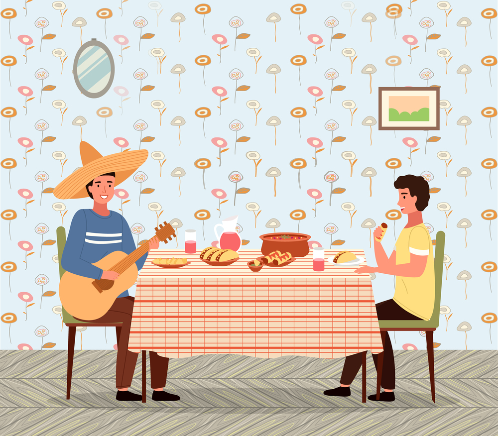Dining room in mexican style vector illustration. Dining table with tacos and burritos. Man in a sombrero plays the guitar. Guys eating mexican food. People in national costumes have dinner together. People are eating mexican food at home. Guys in national costumes are having dinner together