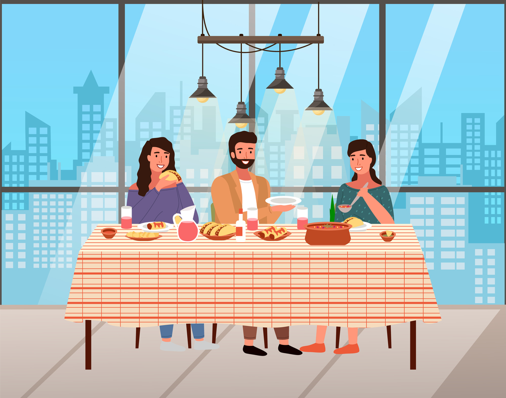 People on the background of a large panoramic window. Characters eating mexican cuisine dishes. Dining table with tacos and burritos. Arrangement of furniture. Family with mexican food on the table. People on the background of a large panoramic window. Characters eating mexican cuisine dishes