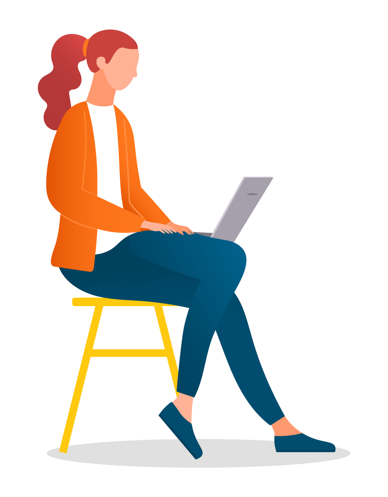 Woman sitting on the stool and working with laptop in social networks isolated on white. Redheaded female character on the chair in casual clothes holding computer on her knees typing on the keyboard. Woman sitting on the stool and working with laptop in social networks holding computer on her knees