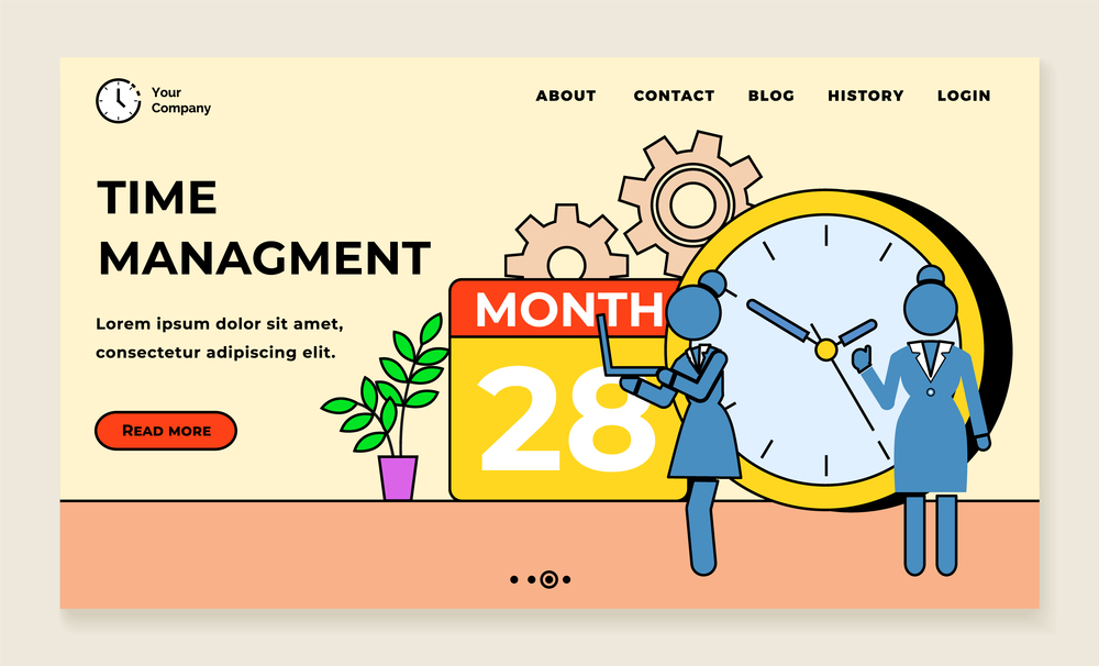 Time management landing page template. Businesswoman doing organization and planning. Business people meeting, timetable formation implementation a project. Presentation with characters and clock. Time management landing page template. Businesswoman characters doing organization and planning