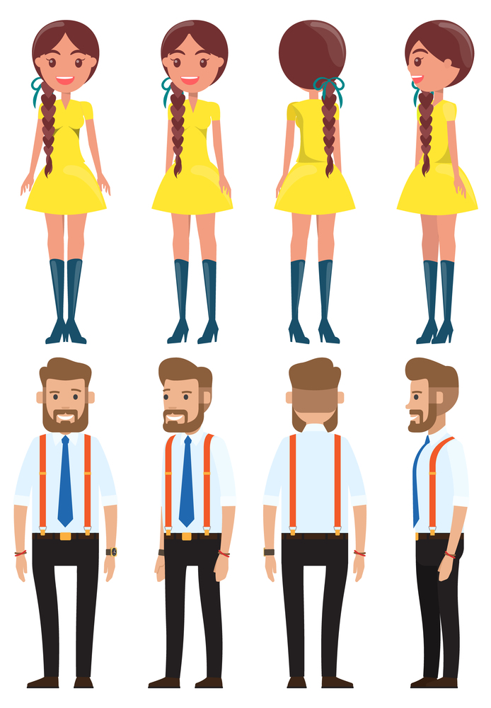 Stylish businessmen and cute young girl. Set of man and wooman characters front, side, back view. Bearded man in a shirt with a tie. Fashionable girl in yellow dress and blue boots flat illustration. Stylish businessmen and cute young girl. Set of man and wooman characters front, side, back view