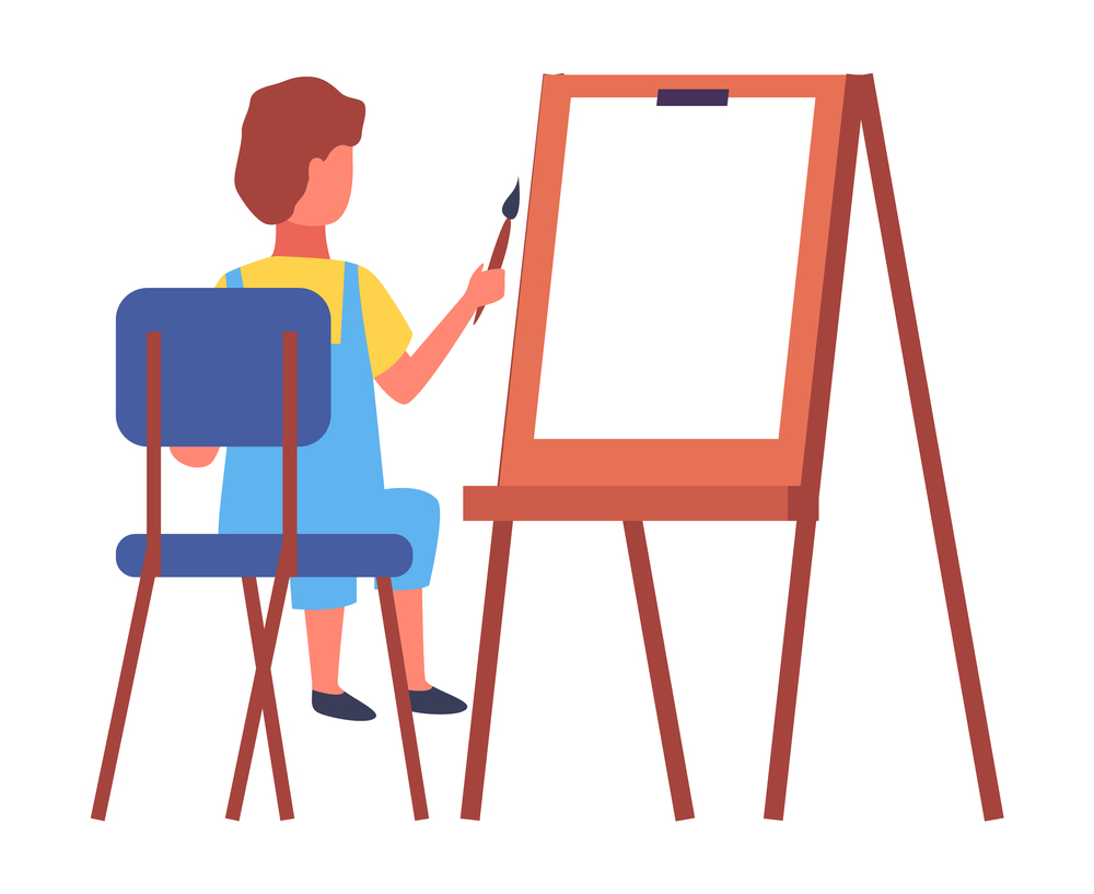 Child sitting on the chair near the easel and drawing aquarell paints on large sheet of paper, education and child development concept vector illustration. Kid holding paint brush in hand back view. Child sitting on the chair and drawing aquarell paints on large sheet of paper, education concept