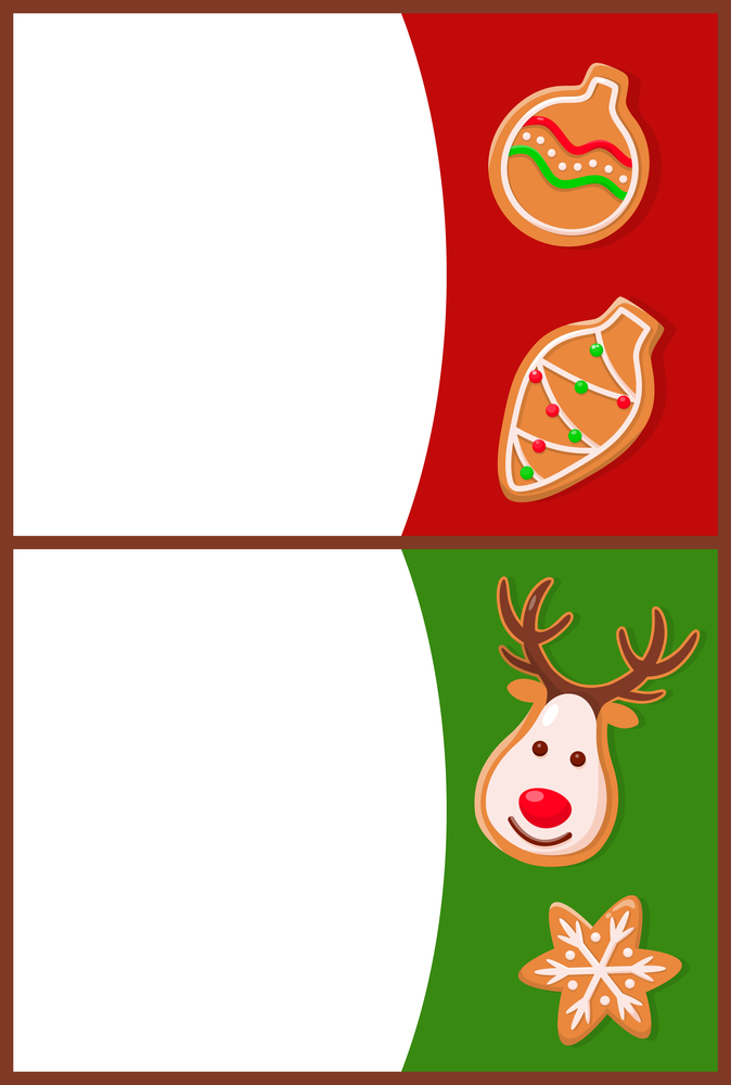 Fresh gingerbread Christmas cookies, holiday treat. Xmas tree decoration, ball and oval shape, deer and snowflake. Winter time traditional snack vector. Fresh Gingerbread Christmas Cookies, Holiday Treat