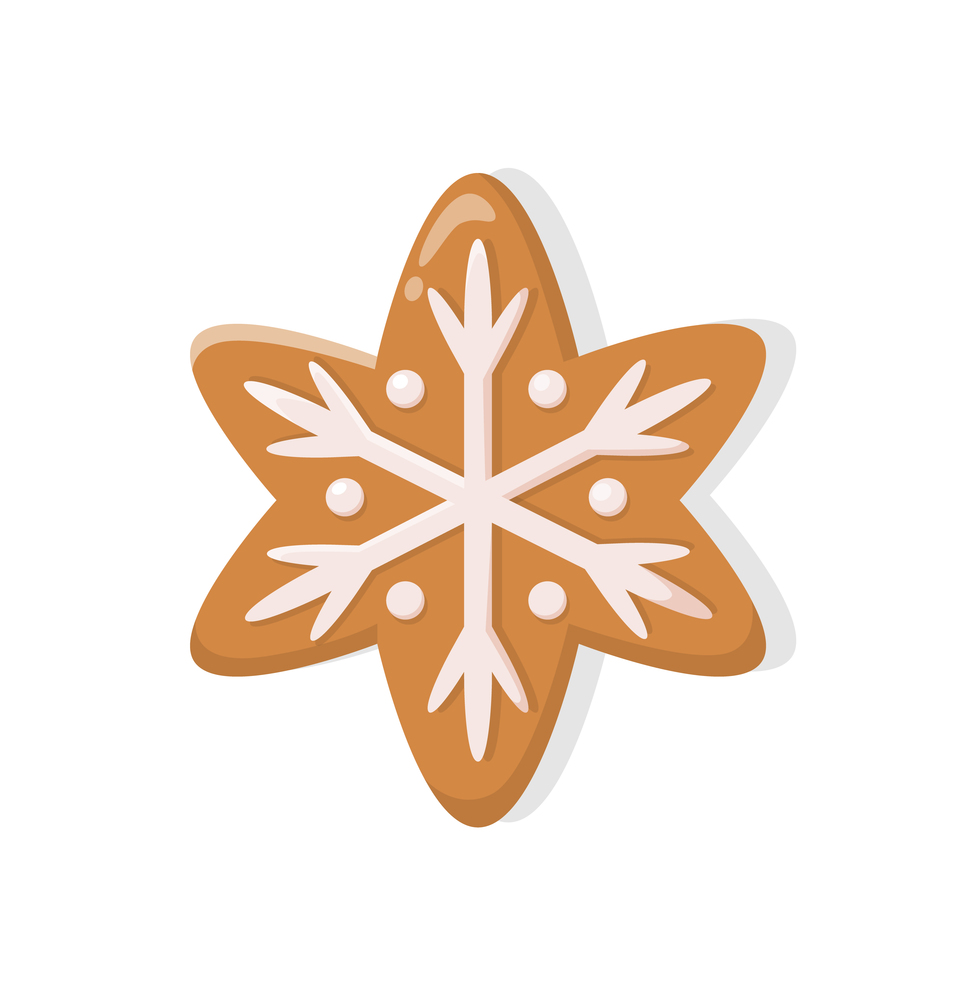 Holiday gingerbread of brown snowflake with lines and points of pattern snow of flake. Holiday cookie in realistic style isolated on white vector. Holiday Gingerbread of Brown Snowflake Vector