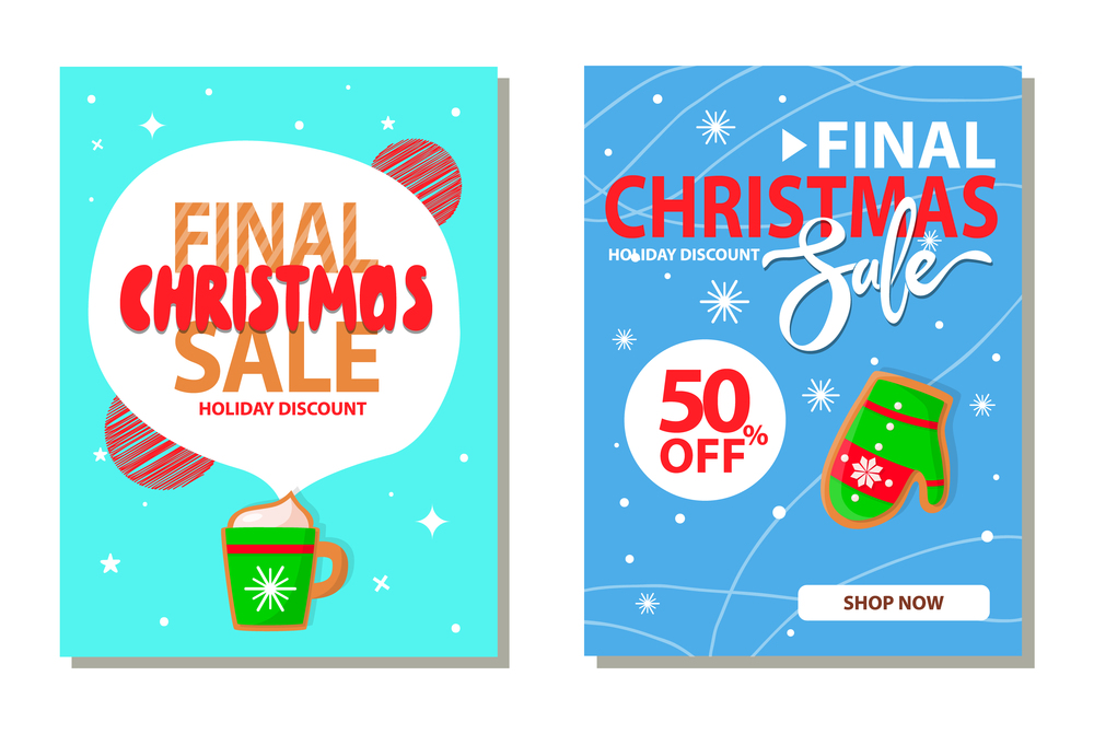 Final Christmas sale 50 off price reduced cost vector. Mug with hot beverage, gingerbread cookie in shape of mitten, cup with drink and marshmallow. Final Christmas Sale 50 Off Price Reduced Cost
