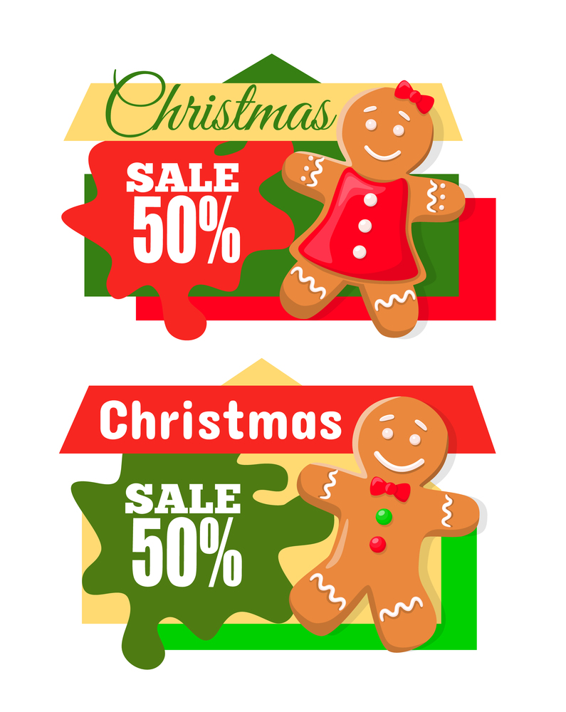 Christmas sale half price reduction cut cost off isolated icons set vector. Gingerbread male and female cookies characters wearing dress and bow offer. Christmas Sale Half Price Reduction Gingerbread