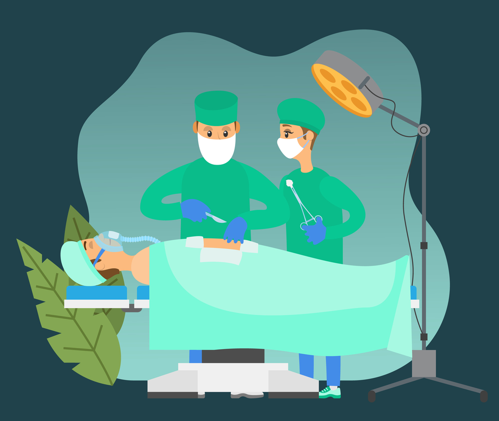 Masked man makes an incision with a scalpel. Assistant is holding a tampon. People during medical operation surrounded by leaves. Team of specialists works with patient. Surgeons perform an operation. Specialists with patient surrounded by leaves. Surgeons perform the operation and make an incision