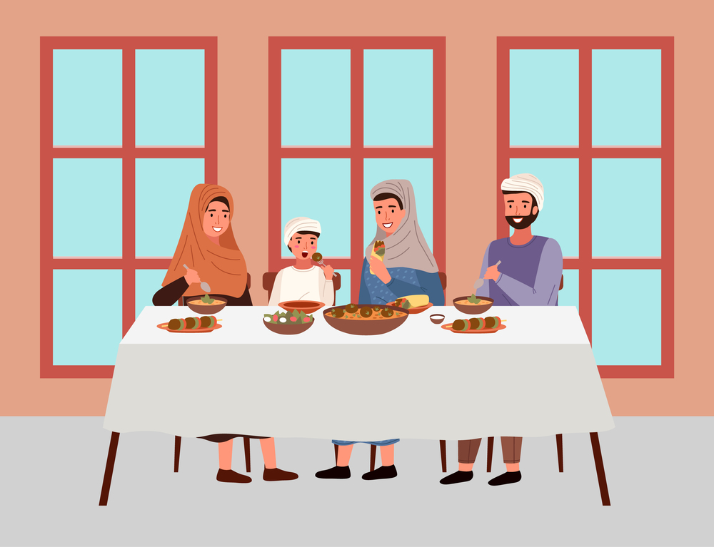 People in national costumes are eating kosher food outside. Arab family is sitting against the background of a building with windows. Arab family sitting at festive table and celebrating the holiday. People are eating kosher food outside. Arab family is sitting against building with windows