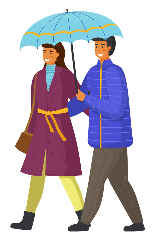 Couple goes in rain. Happy man and woman are walking in city park under an umbrella isolated on white background. Beautiful married people have romantic relationship, cartoon flat characters. Couple goes in rain. Happy man and woman are walking in city park under an umbrella isolated