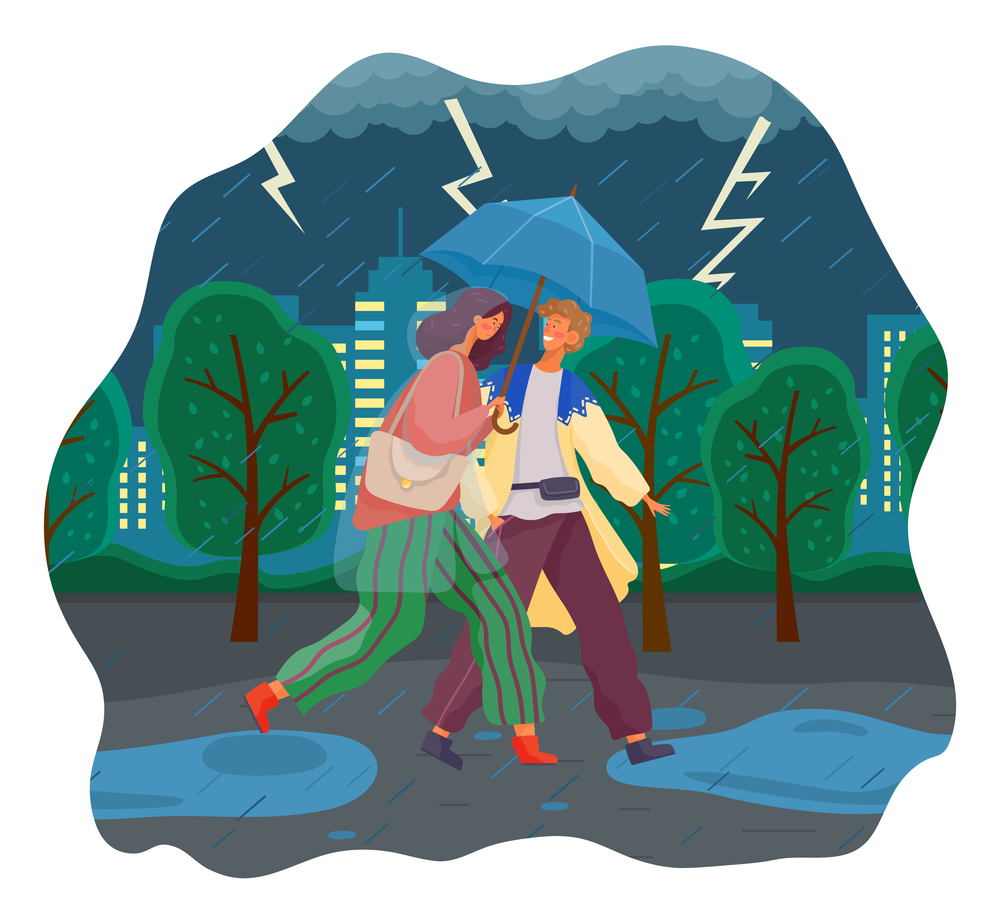 Couple walking in the rain with umbrella and wearing raincoats in the city park, thunder and lightning in the sky. Man and woman spend time together on a rainy day, running through the puddles. Couple walking in the rain with umbrella and wearing raincoats, thunder and lightning in the sky
