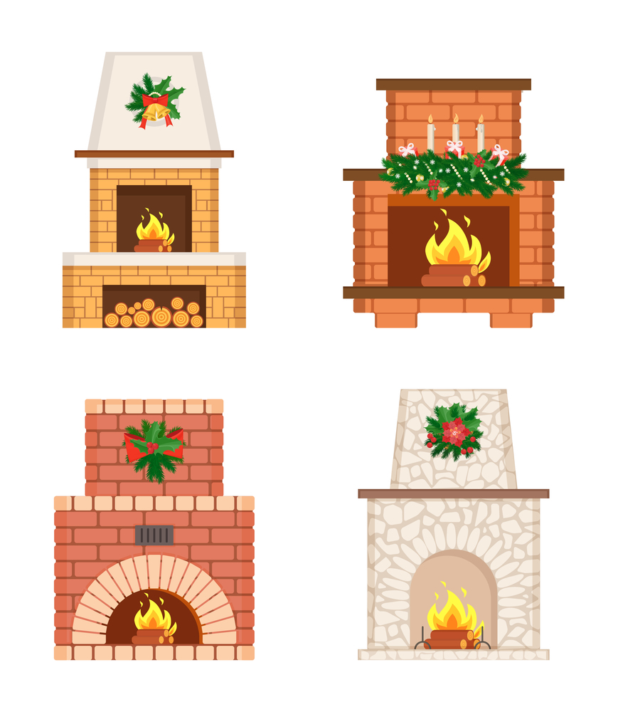 Fireplace Christmas decoration of stoves isolated icons vector. Candles and garlands, pine branches, wreath with mistletoe leaves and berries, bows. Fireplace Christmas Decoration of Stoves Icons