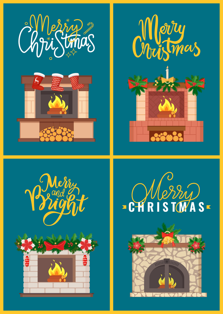 Merry Christmas decoration of fireplaces greeting set vector. Bright and happy winter holiday, celebration with socks, candle and bell star and pine. Merry Christmas Decoration of Fireplaces Greeting