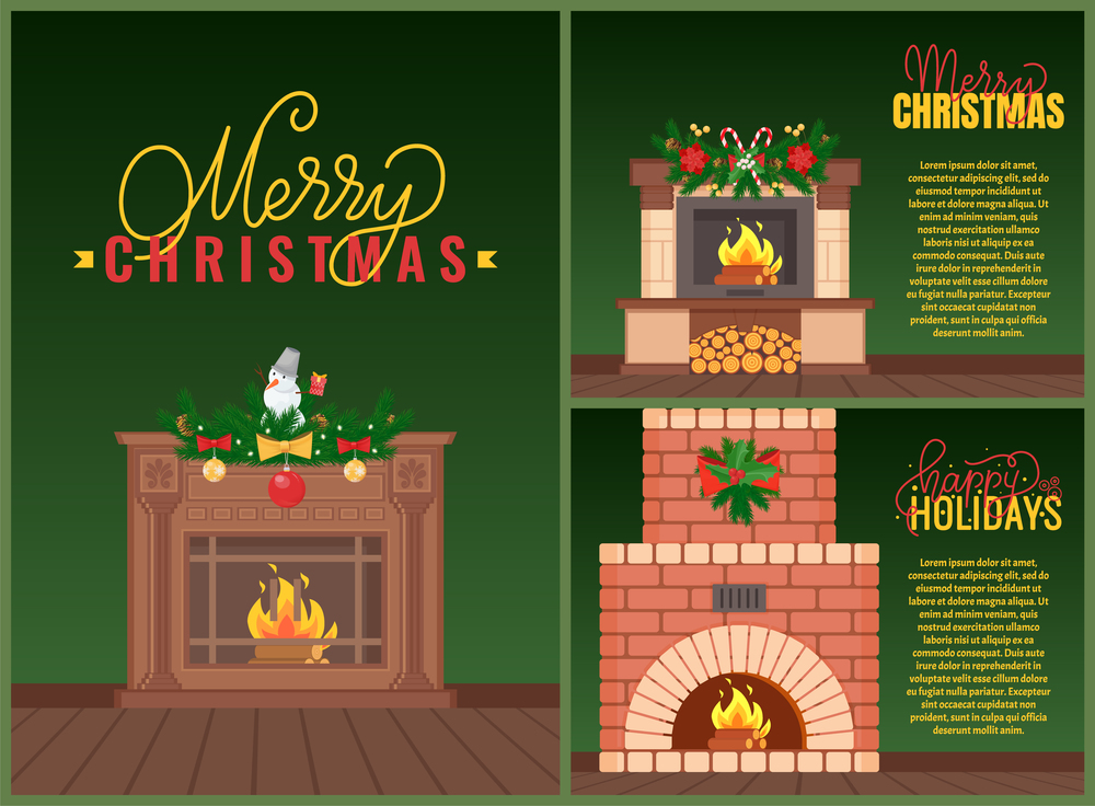 Merry Christmas lettering greeting with adorned chimney. Green postcard, decorated burning fireplace with holiday toys and hanging mistletoe on top vector. Christmas Greeting Lettering and Chimney Vector