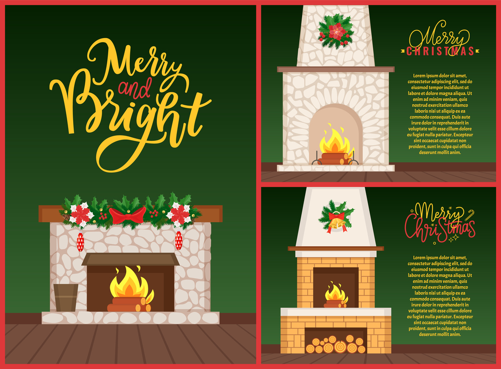 Merry and Bright Christmas, flat decorated burning fireplace with firewood on floor and hanging mistletoe with bells on top. Designer chimney vector. Merry Christmas Card, Decorated Fireplace Vector