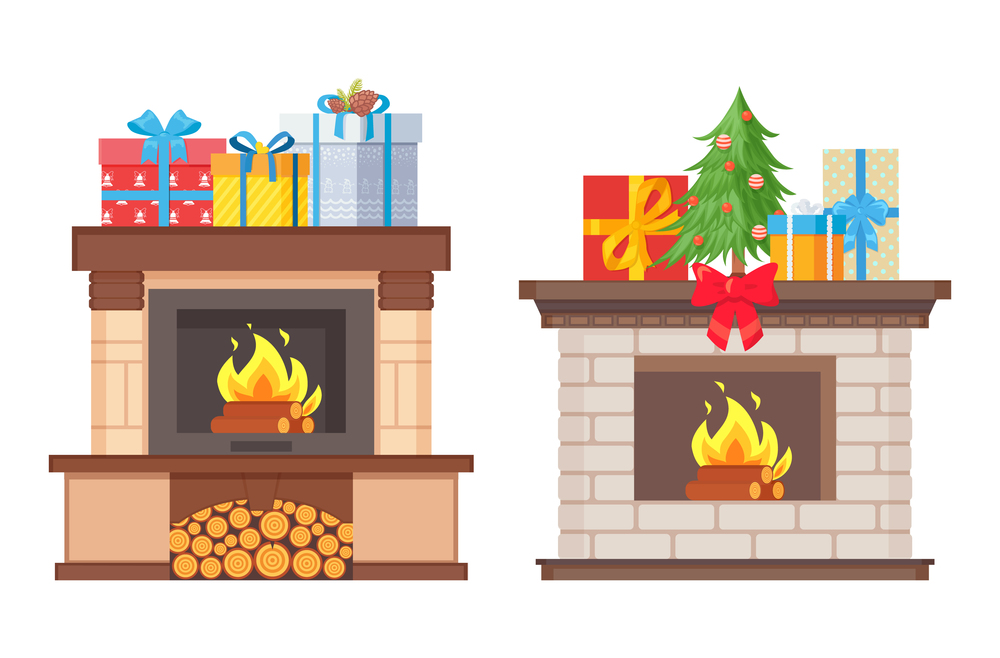 Fireplace decoration Christmas winter holidays set vector. Isolated icons with presents and bows, model of tree evergreen pine with baubles and cones toy. Fireplace Decoration Christmas Winter Holidays Set