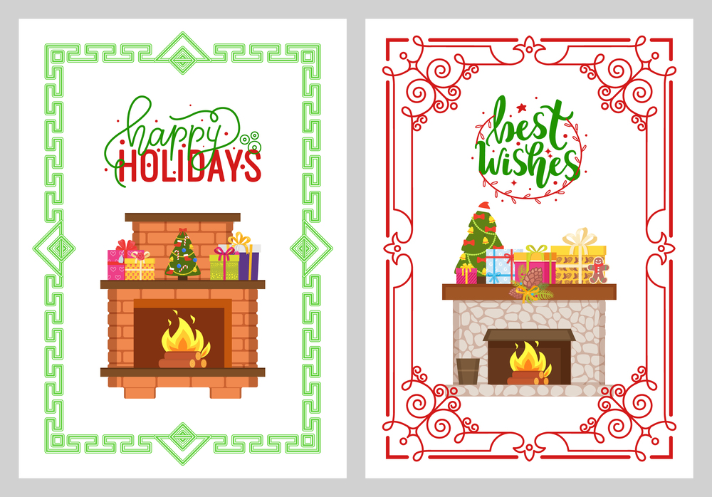 Mantelpiece with burning fire and logs in flame. Fireplaces made of stone and brick, topped by wrapped presents and gift boxes, vector Christmas decoration. Fireplace Made of Stone Topped by Wrapped Presents