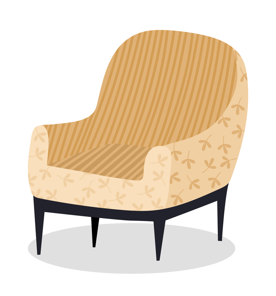 Armchair in retro cream color. Modern soft armchair with upholstery of striped cloth. Living room furniture design concept modern home interior element isolated vector. Soft chair on wooden legs. Retro cream colored armchair. Living room furniture design concept modern home interior element
