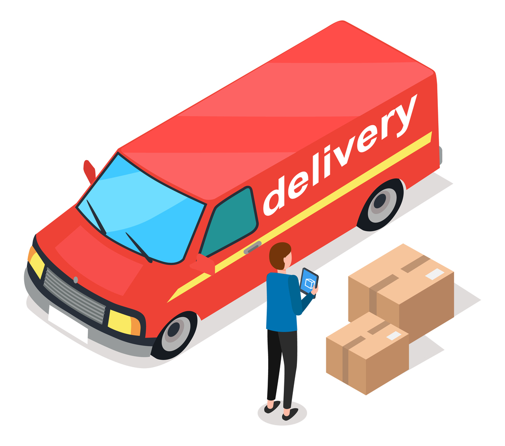 Delivery service concept. Red freight car and a man manager checks for cargo in the back, standing near large cardboard boxes. Autotruck, official vehicle illustration. Car for transporting goods. Delivery service concept. Red freight car and a man manager checks for cargo in the back