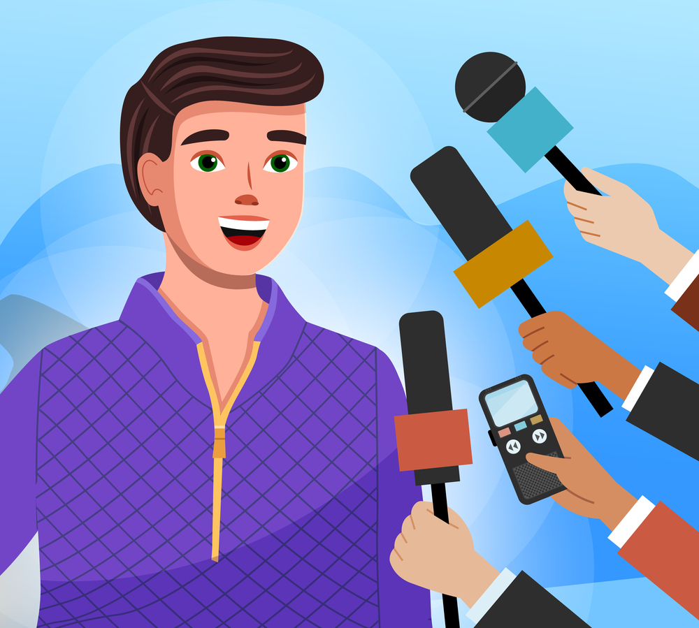 Press conference with athletic man. Journalists with microphone and voice recorder interview handsome superstar guy. Male character in sportswear while recording audio. Correspondents hold equipment. Press conference with athletic man. Journalists with microphone and voice recorder interview guy