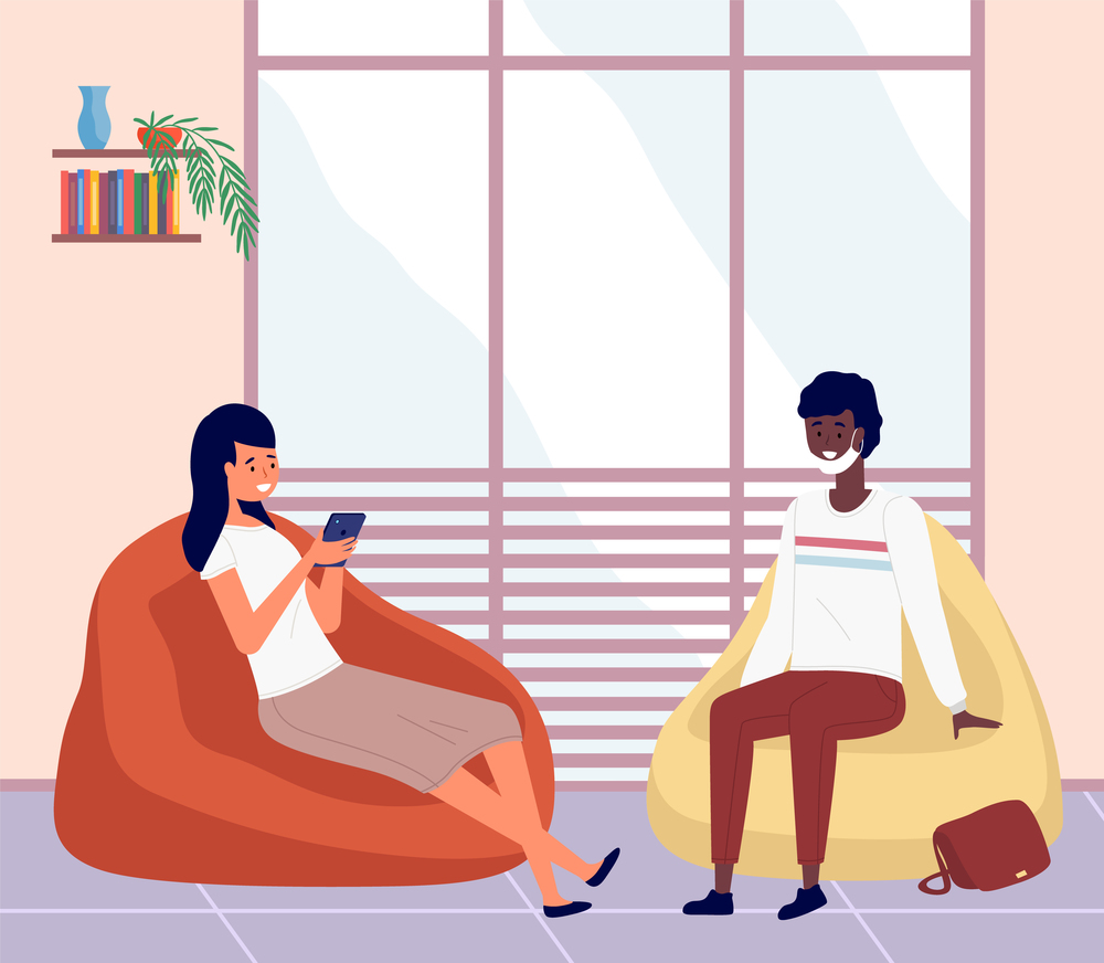 A girl with a phone sits on a soft pouf. African american man in medical mask talking to a woman. Female character chatting or watching news on her smartphone. Guy communicates with his friend. A girl with a phone in her hands sits on a soft pouf. African American man talking to a woman