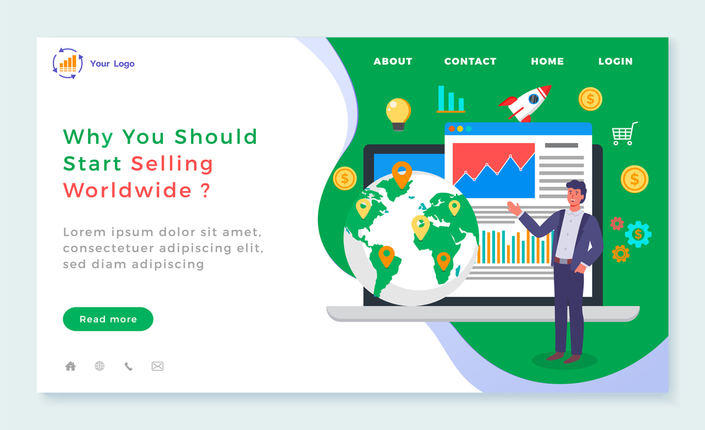 Why you should start selling worldwide landing page template. Man telling about global sales standing near opened laptop with presentation page of digital data, globe with marks. International trade. Why you should start selling worldwide landing page template. Man telling about global sales