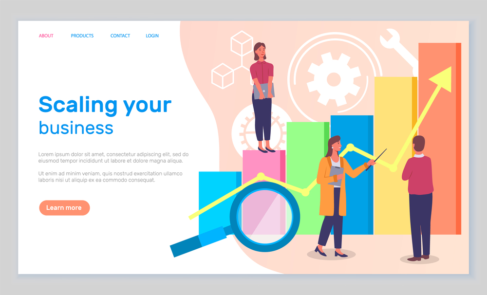Scaling your business landing page template. Success, achievment, motivation business banner. Group of specialists develops a growth plan concept with businesswoman on graph columns and up arrow. Scaling your business landing page template. Success, achievment, motivation business banner