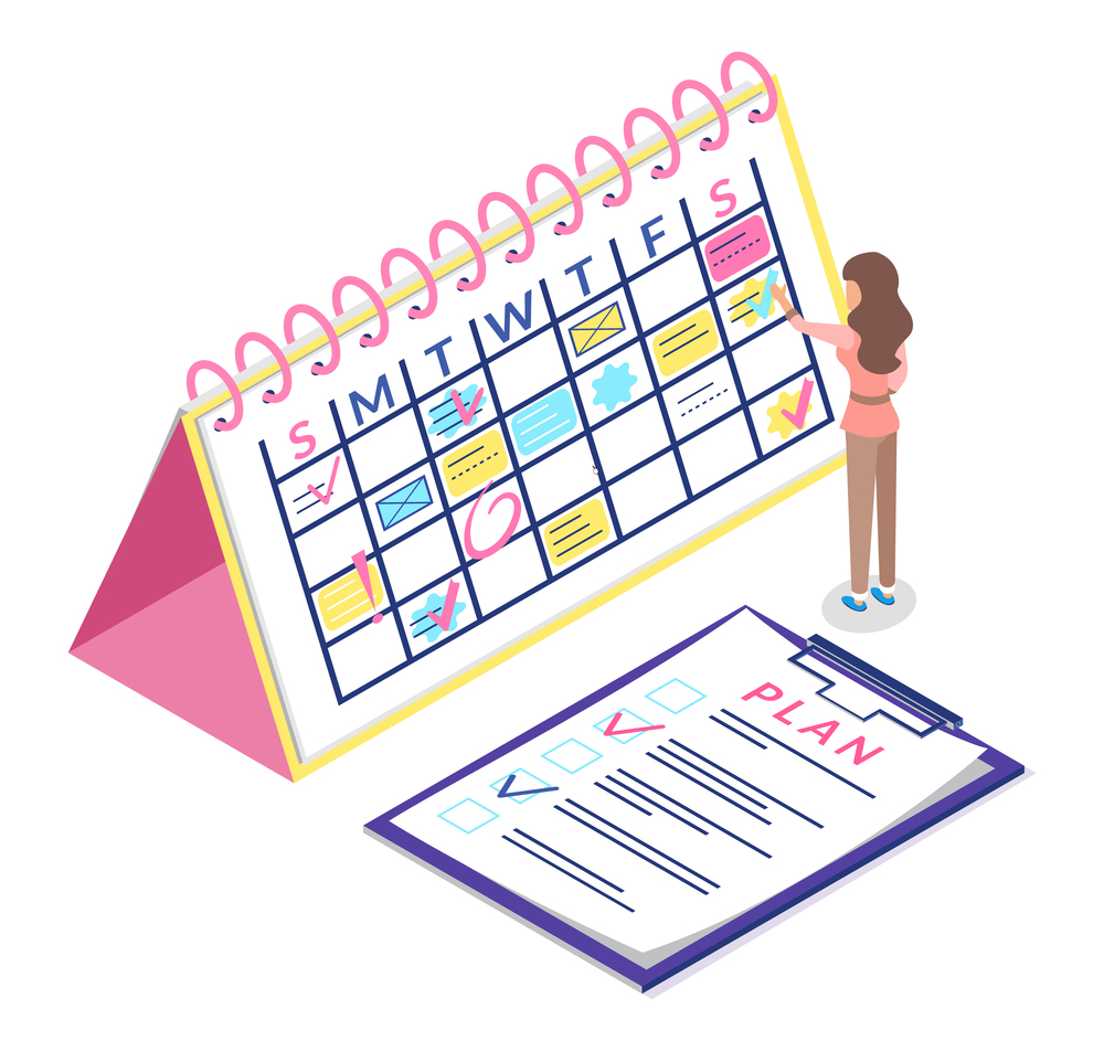 Calendar schedule isometric concept web infographics vector illustration. Micro girl and big schedule. Businesswoman makes a weekly schedule, marks in plan. Time management, business planning concept. Calendar schedule isometric concept web infographics vector illustration. Micro girl, big schedule