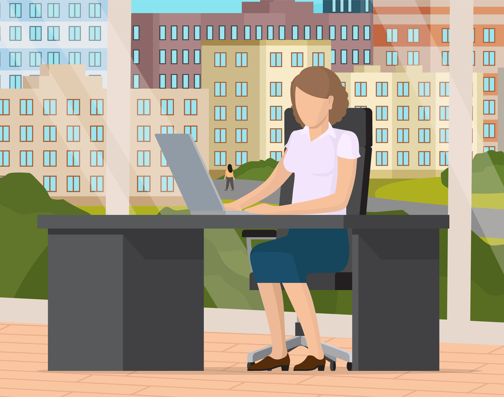 Young business woman at the desk is working on the laptop computer with the big panoramic window with cityscape behind. Secretary in office workspace, businesswoman person, trainee typing on keyboard. Young business woman at the desk is working on the laptop with the big panoramic window behind