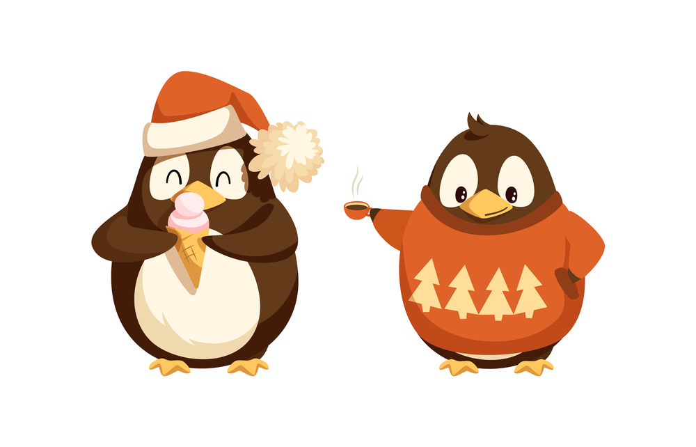 Cheerful standing penguin in Santa hat with furry ball enjoying ice-cream. Animal in sweater with pattern of trees holding cup with hot drink vector. Penguin in Sweater with Ice-cream Vector Isolated