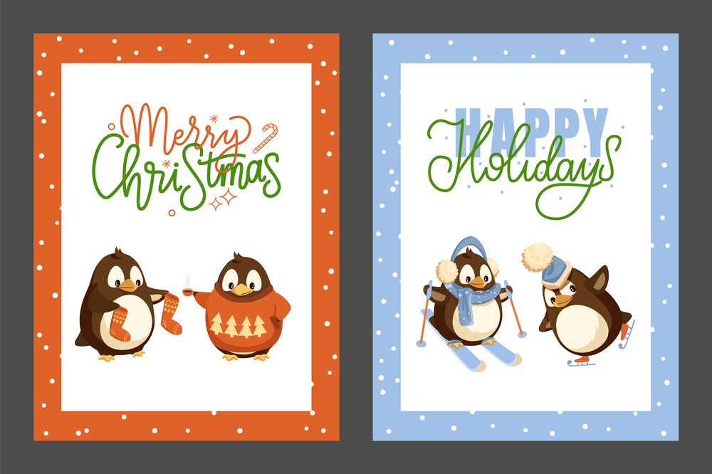 Penguin in orange sweater holding cup and socks, skiing and skating birds in blue headdresses. Happy Holidays and Merry Christmas greeting vector. Greeting Winter Card with Penguin in Clothes Vector