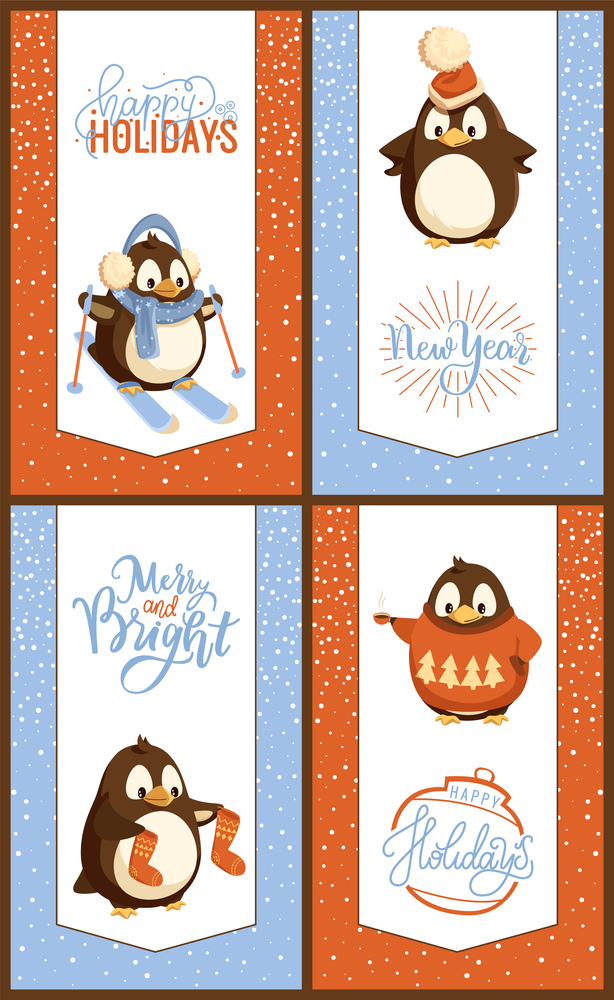 Happy holiday penguins skiing wearing warm hat vector. Seabird holding socks, in sweater with pine tree print, drinking hot beverage from cup greeting. Happy Holiday Penguins Skiing Wearing Warm Hat