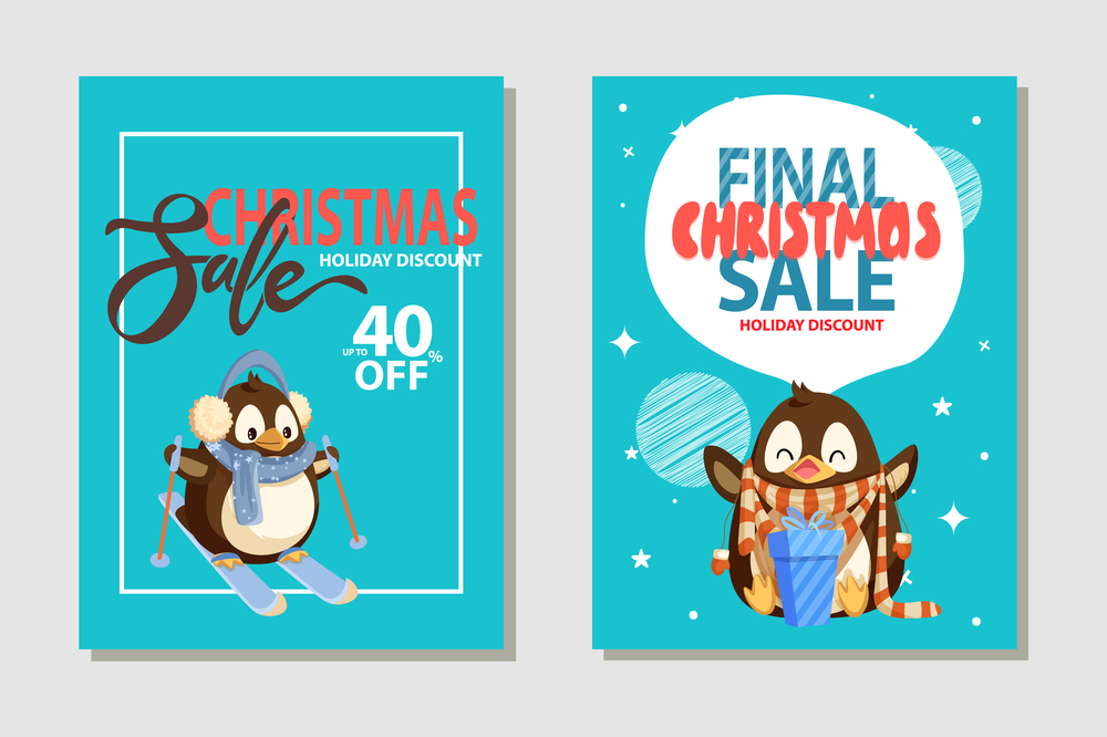Total Christmas sale posters, penguins skiing and opening gift box with presents. Wintertime discounts advertisements with cartoon animals in frame and on snow. Total Christmas Sale Posters with Penguins Skiing