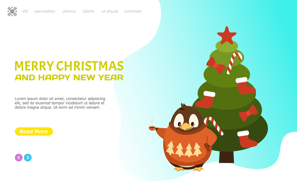 Merry Christmas and happy New Year web page, penguin in sweater with hot coffee cup. Flightless Arctic bird in clothes with beverage vector, push button on site. Christmas Penguin in Sweater with Hot Coffee Cup