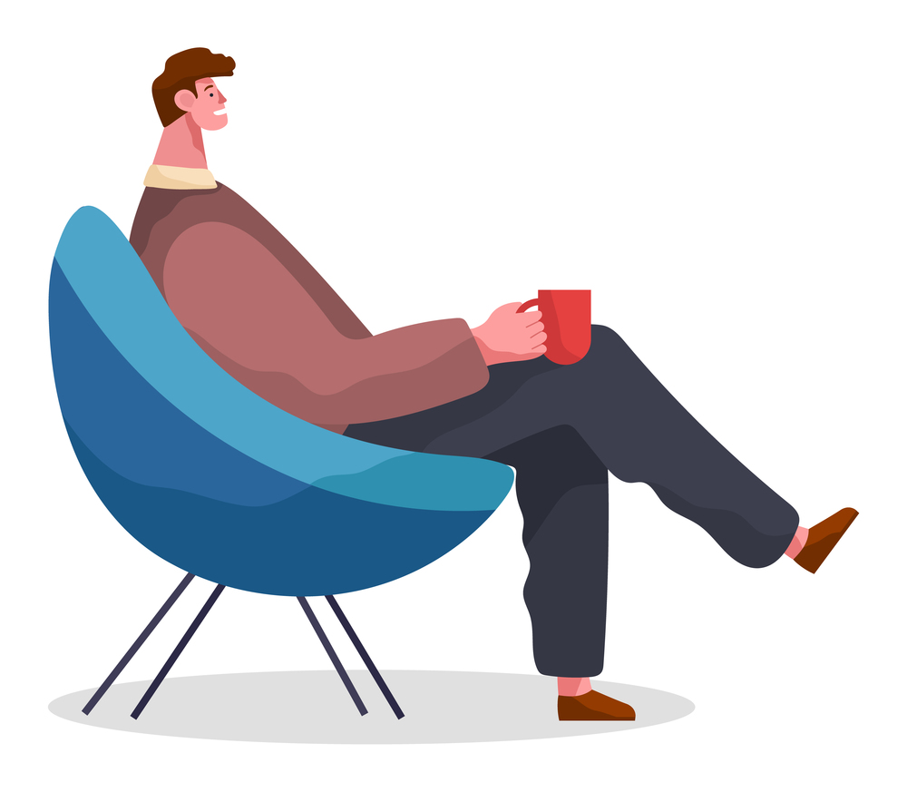 Stylish businessman sitting on armchair at home or restaurant holding a cup in hand drinking coffee. Male character having lunch in a restaurant or cafe. Office employee resting during break. Stylish businessman sitting on armchair at home or restaurant holding a cup in hand drinking coffee