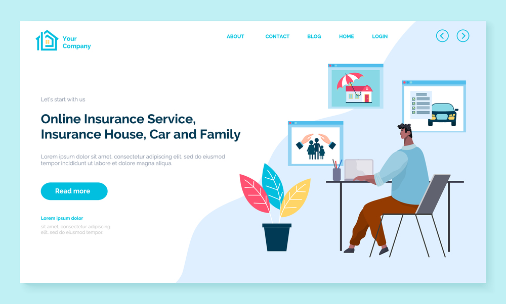 Concepts online insurance services. Man manager sitting at a table with laptop working with application. Landing page template car, house, family and medical insurance, safety and confidence in future. Concepts online insurance services. Man manager sitting at a table with laptop working with app