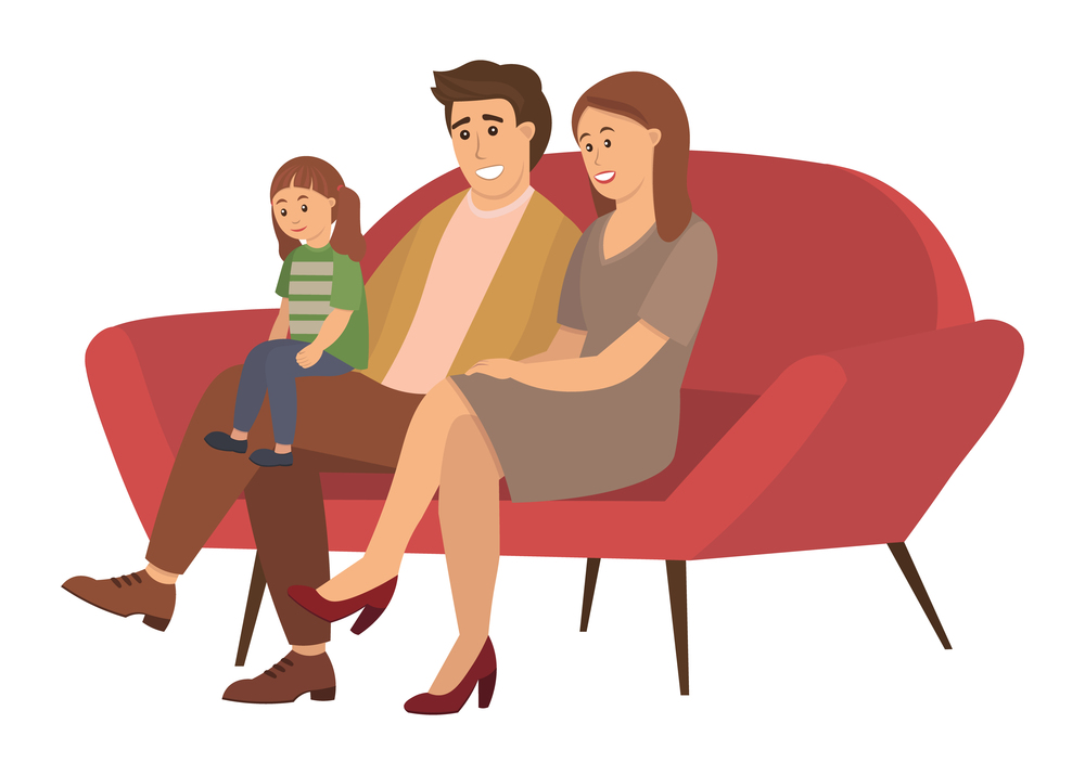 A man and a woman are sitting on a large red sofa. The girl with two ponytails sits on her dad s lap. Married couple sitting on the couch together with the child and smiling vector illustration. A man and a woman are sitting on a large sofa. The girl with two ponytails sits on her dad s lap