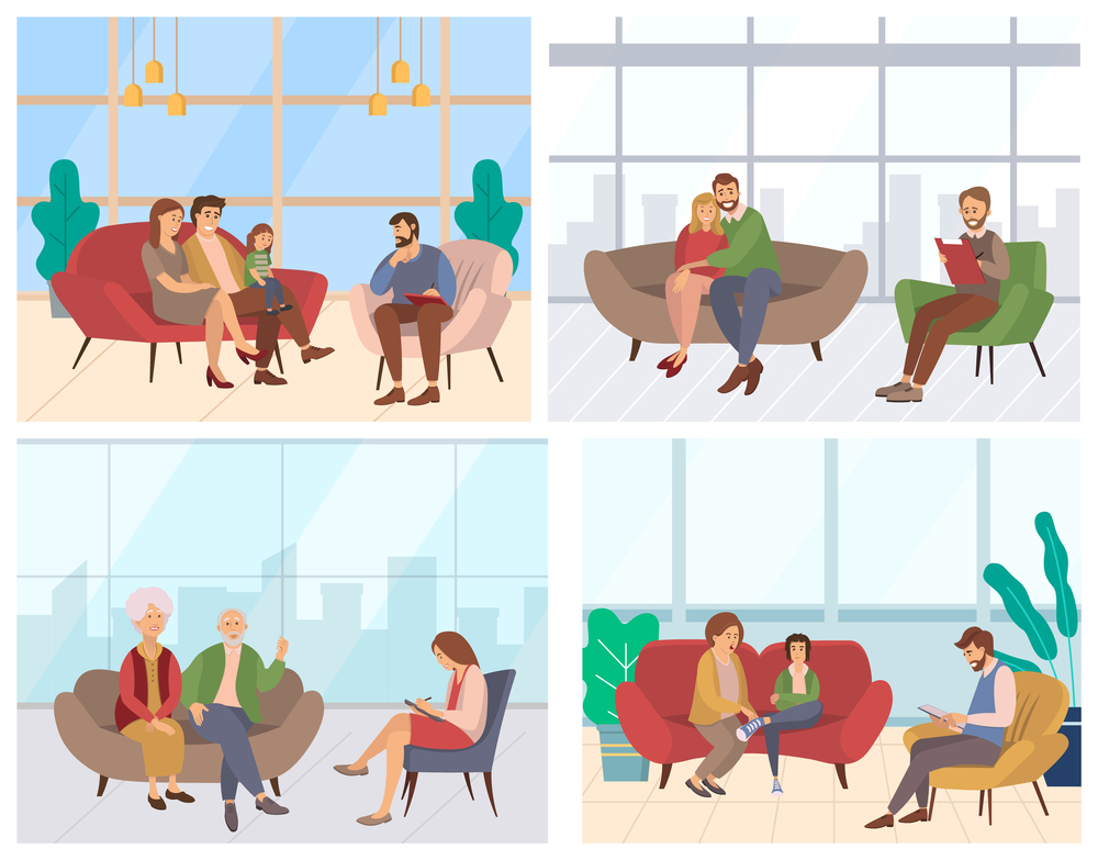 Set of pictures about psychotherapy sessions. Characters sit at the reception of a specialist. Diferent psychologists write down their patients problems on paper vector illustration flat design. Set of pictures about psychotherapy sessions. Characters sitting at the reception of a specialist