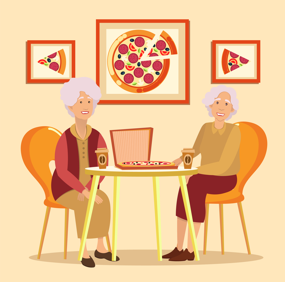 Two old women are sitting at desk and eating fastfood in restaurant. Female characters are visiting cafe to eat pizza and drink coffee on weekend. Elderly friends in pizzeria vector illustration. Two women sit at the table and eat fastfood in restaurant. Female characters visit cafe to buy pizza
