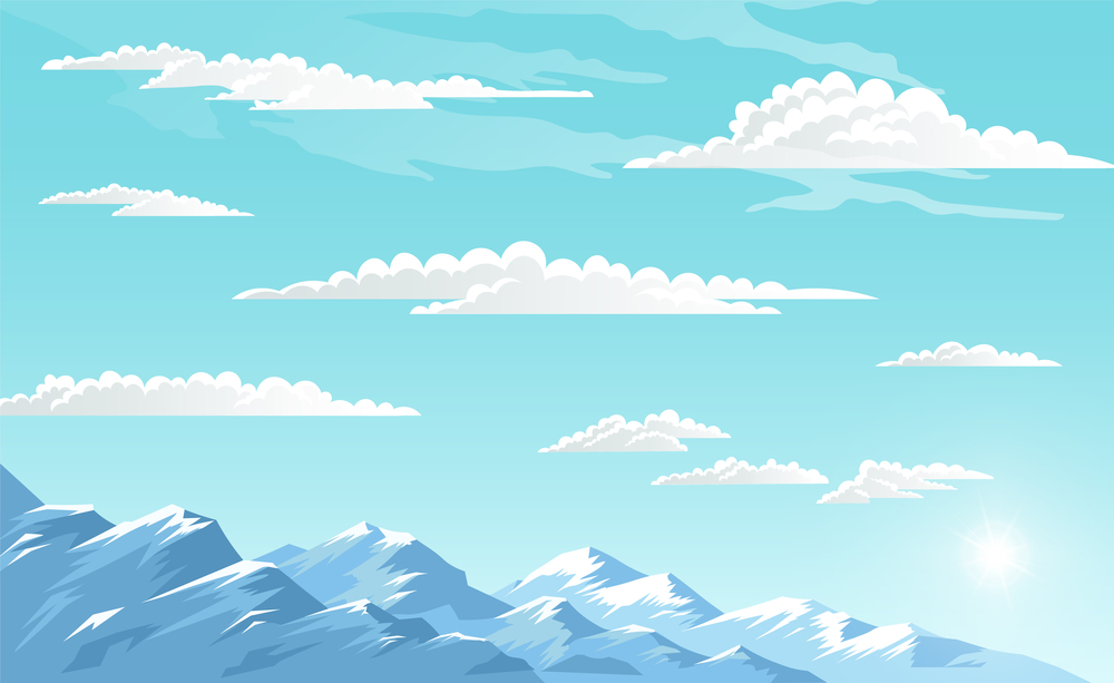 Mountains landscape, abstract blue panoramic view, vector illustration. Snow capped mountains background. Panoramic view of the mountaine landscape with snow-capped peaks on a clear bright day. Mountains landscape, abstract blue panoramic view, vector illustration. Snow capped mountains