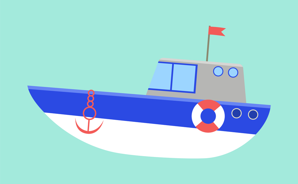 Sea transport isolated on a blue background. Boat with anchor and cabin flat vector illustration. Lifebuoy to rescue drowning people on the board. Transport for transporting passengers by water. Sea transport isolated on a blue background. Boat with anchor and cabin vector illustration