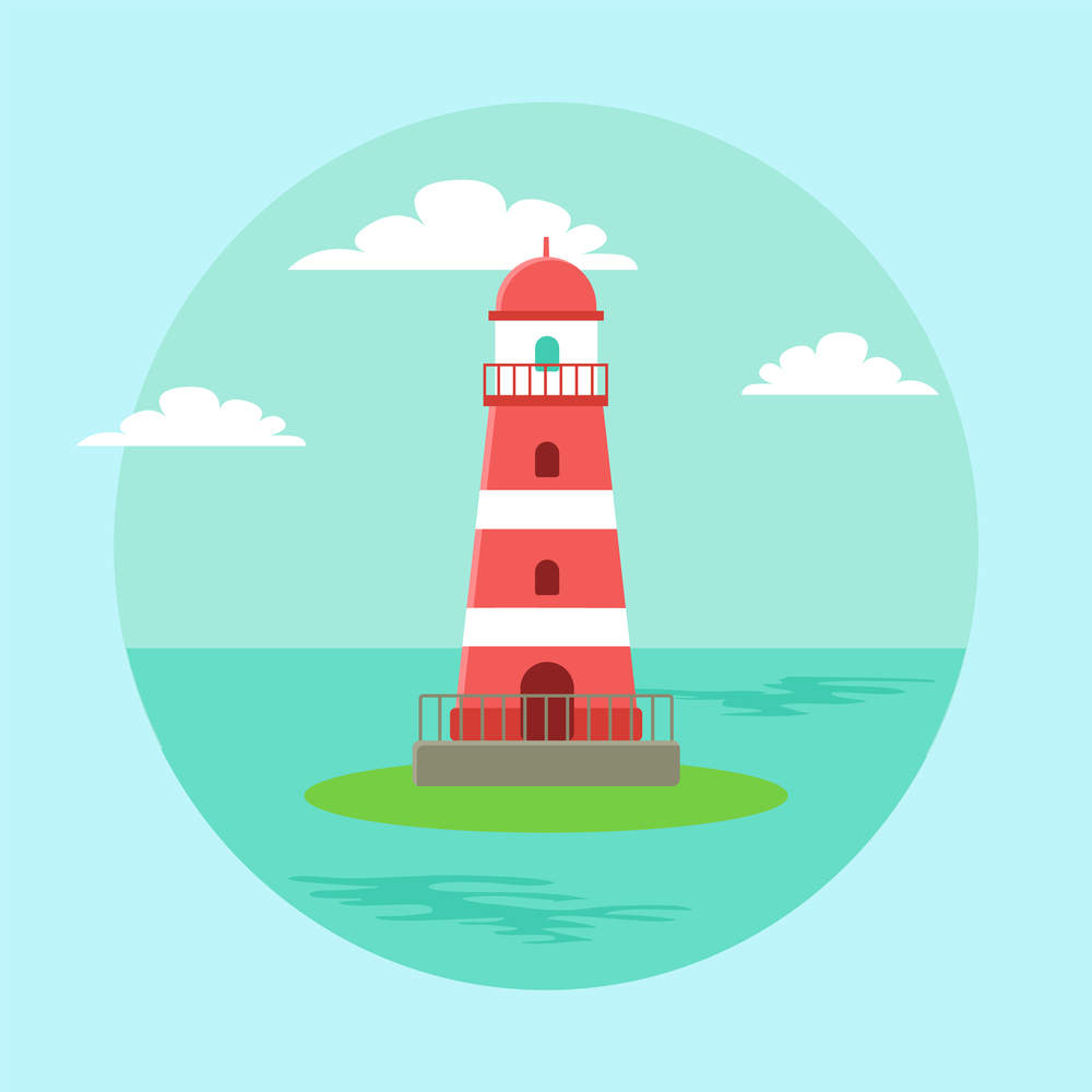 Lighthouse blue seascape horizon in daytime. Beacon surrounded by sea water vector illustration. Building with a small fence stands on a patch of island. Lighthouse on the background of sky and clouds. Lighthouse blue seascape horizon in daytime. Beacon surrounded by sea water vector illustration